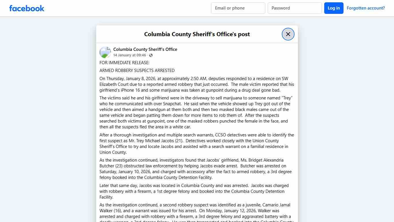 FOR IMMEDIATE RELEASE:... - Columbia County Sheriff's Office Facebook