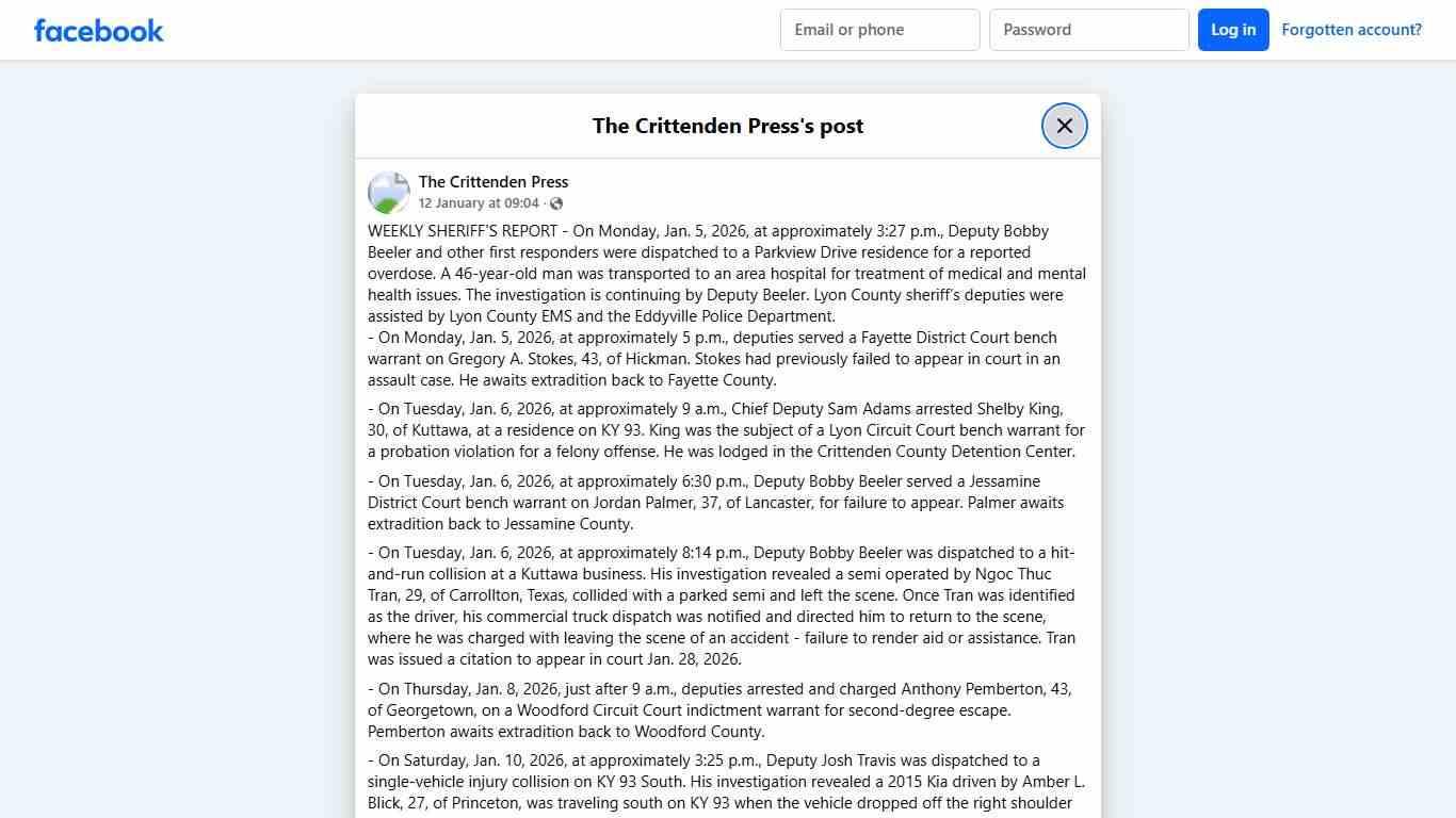 WEEKLY SHERIFF'S REPORT - On... - The Crittenden Press Facebook