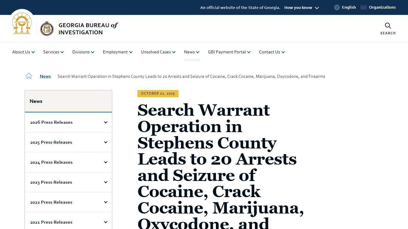 Search Warrant Operation in Stephens County Leads to 20 Arrests and Seizure of Cocaine, Crack Cocaine, Marijuana, Oxycodone, and Firearms Georgia Bureau of Investigation