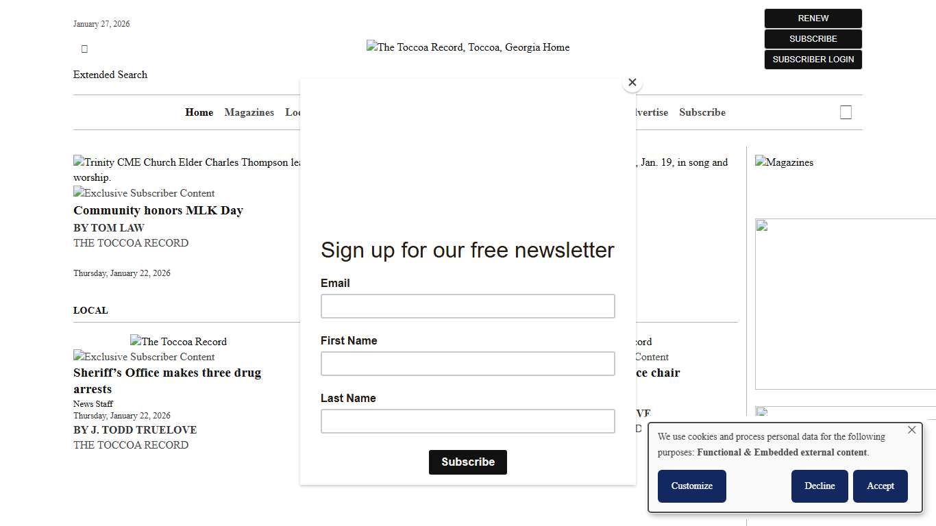 The Toccoa Record, Toccoa, Georgia tlaw@thetoccoarecord.com