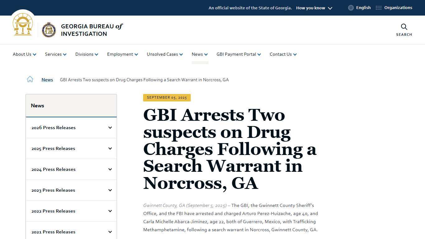 GBI Arrests Two suspects on Drug Charges Following a Search Warrant in Norcross, GA Georgia Bureau of Investigation